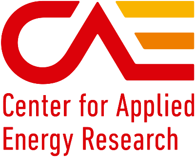 Farbiges Logo des Center for Applied Energy Research mit rotem CAE-Symbol, gelben Streifen und rotem Schriftzug.